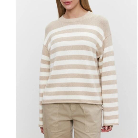 Velvet by Graham & Spencer Lex Neutral Stripe Sweater Beige White Small NWT - Picture 1 of 6